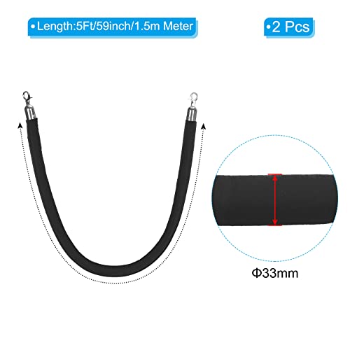 PATIKIL 5 Feet Black Velvet Stanchion Rope, 2 Pack Crowd Control Barrier Rope with Snap Hooks for Posts Stand Queue Divider of Hotel Theater, Silver - color: Black