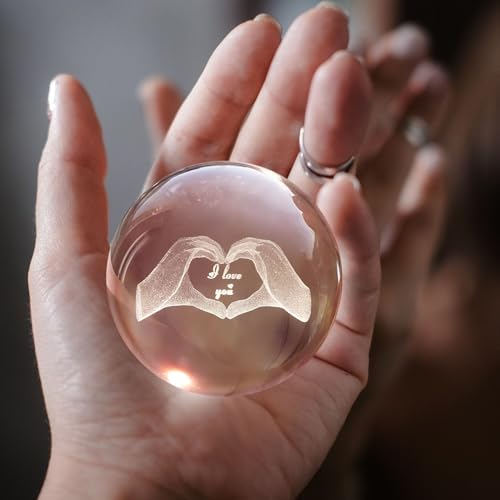 Flexzion 3D Love Crystal Ball Lamp, 3.15 inch (80mm), USB Night Light | Love Lamp with Solid Beech Wood Base and Adjustable Brightness for Bedrooms, Nightstands, Desks, Shelves and Room Decor - size: 3.15 inch (80mm), style: Love