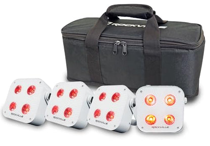 Rockville 4 Pack MINI IR4 White RGBWA+UV LED Par Wash Lights, Wireless DMX, App & Remote Control, Rechargeable Battery, Travel Bag Included, for DJs and Events | Up to 22-Hour Rechargeable Battery, Wireless DMX, App Control, IR Remotes, Sound Modes, Party