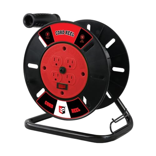 EP Extension Cord Storage Reel with 4-Grounded Outlets, Red - color: Red