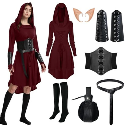 HODBLKT 7PCS Women Renaissance Fairy Costume Medieval Elf Dress Halloween - color: Red, size: Large