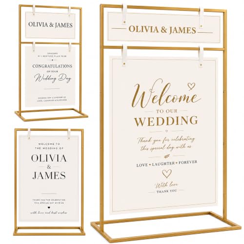 Fumete Gold Wedding Welcome Sign Stand, 60 x 40 x 20 Inch 2 Tier Adjustable