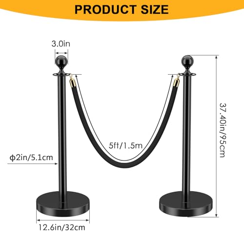 LOVMOR 6PCS Stanchion Post, Crowd Control Barriers, 5 ft Black Velvet Rope Red Carpet Ropes and Poles, Stainless Steel Gold Stanchions Used for Theaters, Parties, Wedding, Exhibition - color: Black-6pack