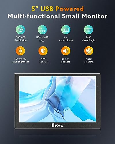 Eyoyo 5 inch Monitor, 800x480 Mini TFT LCD Screen Small Camera | Video Monitor 1/4 Screw Hole with HDMI/VGA/AV Video Input for Car PC DVD DVR CCD DSLR-140° Wide Angle Metal Housing - style: 5 inch monitor