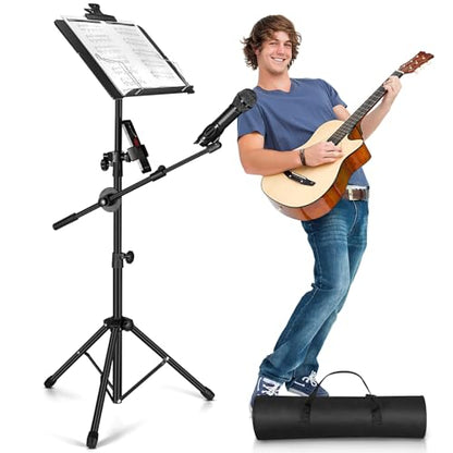 Music Stand, Vangoa Folding Sheet Music Stand with Detachable Microphone Stand & Phone Holder, Portable Lightweight with Music Sheet Clip Holder & Carrying Bag for Instrumental Performance - size: Music Stand + Microphone Stand