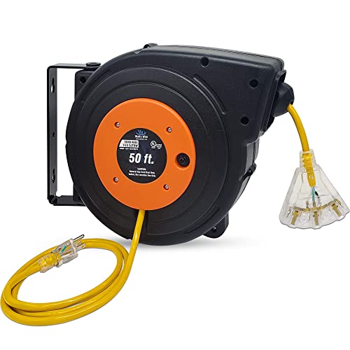 50 ft - 14 Gauge Retractable Extension Cord Reel - Heavy Duty Cable Reel w/Multi Outlet Lighted Receptacle - Premium Grade 13 Amp Extension Cord Retractable Reel w/Mounting Kit - by Watt's Wire