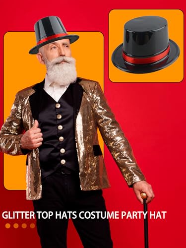 12 Pack Adults Top Hats Bulk Black Glitter Top Hat with Red Band Plastic Magician Hat for Men Women Dress Up Supply - color: Color Style 3 ( Pvc Glossy )