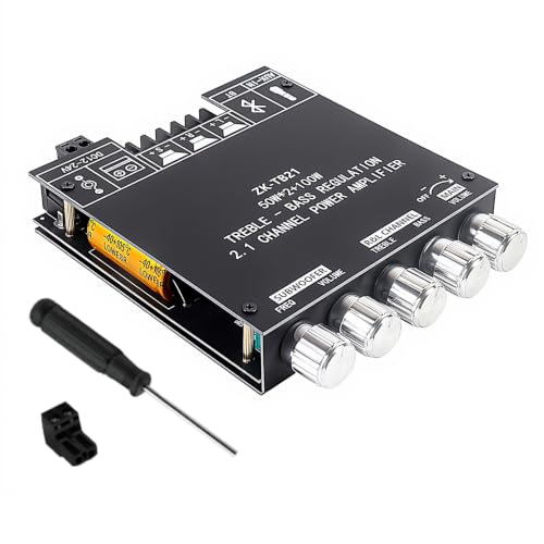 ZK-TB21 Bluetooth Amplifier Board, 2.1 Channel 50W×2 + 100W Subwoofer | Class D Audio Amp Module with Dual TPA3116D2 HiFi Chips, Treble & Bass Control, AUX Input, DC 12-24V for DIY Speakers - color: ZK-TB21