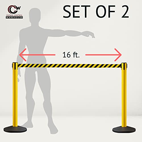 Crowd Control Warehouse RBB-150 Retractable Belt Barriers, 16 Ft, Set of 2 | CCW Series Stanchions with Red Authorized Access Only White-letter Belts, Yellow Steel Posts, Portable and Easy to Assemble