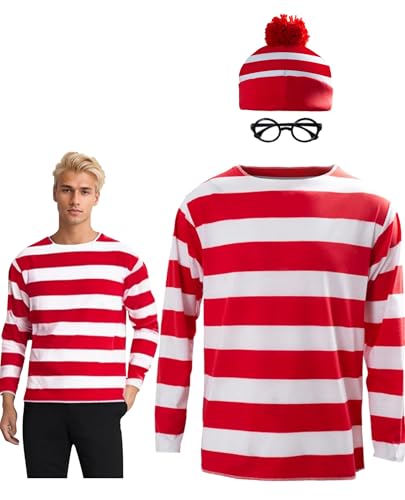 Red White Striped Shirt Costume for Men Halloween Hat Glasses Adult | Halloween Knit Beanie Hat Black Glasses Accessories Adult Carnival Anime Outfit Men - size: Medium