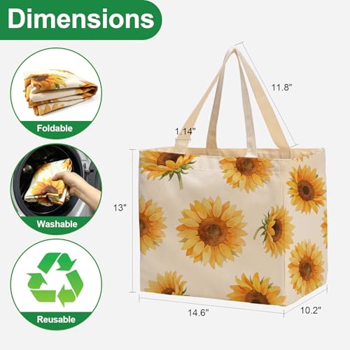 Aesthetic Canvas Reusable Grocery Bags Heavy Duty, 8.3 gal Foldable Large Tote Bag with Handles, Holds 60 lbs & Washable Eco-friendly Bags with 5 Pockets, Beige with a print 1 Bags - color: [A4] Sunflower, size: 1 Pack