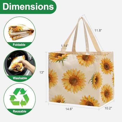 Aesthetic Canvas Reusable Grocery Bags Heavy Duty, 8.3 gal Foldable Large Tote Bag with Handles, Holds 60 lbs & Washable Eco-friendly Bags with 5 Pockets, Beige with a print 1 Bags - color: [A4] Sunflower, size: 1 Pack