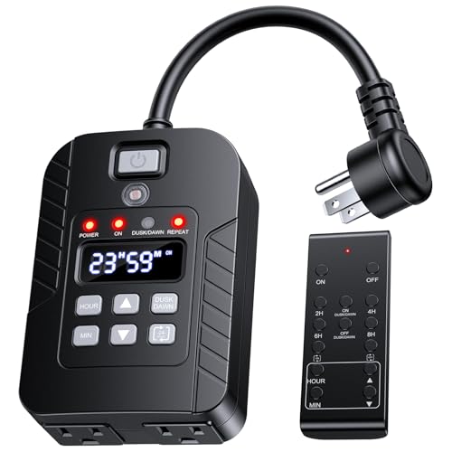 Outdoor Light Timer Waterproof, Remote Control Dusk to Dawn Sensor Timer, 100 FT Range, Plug in, 2 Outlets Digital Timer Switch for Home and Garden, 15A/1875W