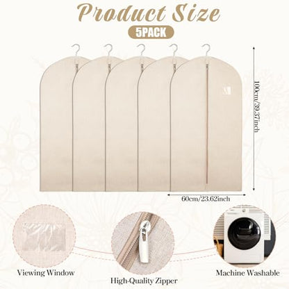 5 Pack Garment Bags for Hanging Clothes, 24 x 40 Inch Plastic | Breathable Canvas Suit Bags Linen Hanging Suit Cover for Closet Storage Short Dresses Suits