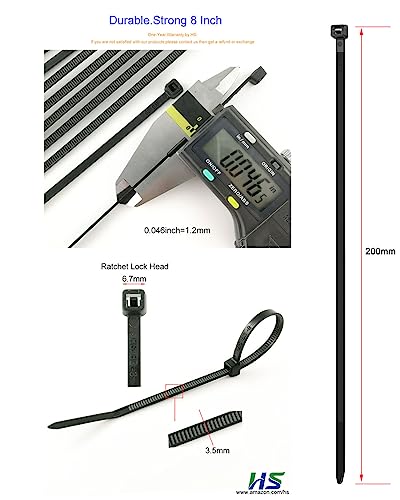 HS 8 Inch Zip Ties Black 40 Pounds Tensile Strength Thin Straps (Bulk 8000 Pack) Nylon PA66 UV Resistant,Self-Locking Small Electrical Plastic Cable Wire Zipties for Outdoor Use,Multi Purpose - color: Black 8"8000