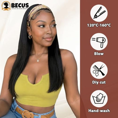 BECUS 20" Straight Headband Wig Natural Black Everyday Style - color: A-Straight Black, size: 20 Inch