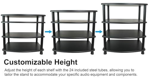 Rockville FLX Black Adjustable Height 4 Shelf Home Theater Audio Rack Stand, 24"x18", 300lb Limit, Steel Tubes, Perfect for Home Theaters, Studios | 300 lb Capacity, 24"x18" MDF Shelves, Expandable, Lockable Casters, Carpet Spikes, Rubber Feet, Open-Air V