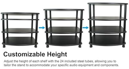 Rockville FLX Black Adjustable Height 4 Shelf Home Theater Audio Rack Stand, 24"x18", 300lb Limit, Steel Tubes, Perfect for Home Theaters, Studios | 300 lb Capacity, 24"x18" MDF Shelves, Expandable, Lockable Casters, Carpet Spikes, Rubber Feet, Open-Air V