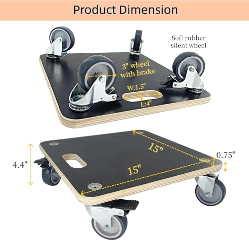 Furniture Moving Dolly Wood Platform Dolly 2 Packs, 1100 lbs Capacity Heavy Duty Wood Dollies cart with Wheels, Movers Carrier with 4 Soft Rubber Silent Wheels （2 with Brake+ 2 Without） - size: Square Furniture Dolly with TPR Brake Wheels