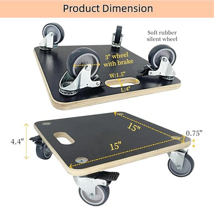 Furniture Moving Dolly Wood Platform Dolly 2 Packs, 1100 lbs Capacity Heavy Duty Wood Dollies cart with Wheels, Movers Carrier with 4 Soft Rubber Silent Wheels （2 with Brake+ 2 Without） - size: Square Furniture Dolly with TPR Brake Wheels