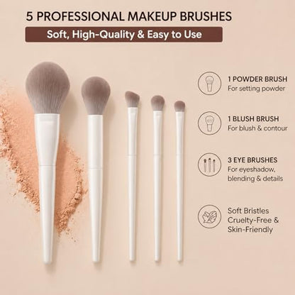 All-In-One Beginner Makeup Kit for Women - 7-Shade Baked Powder Palette, Brow Powder, Setting Powder, Matte Lipstick, Eyeliner, Mascara & 5 Brushes - Full Face Makeup Set for Daily Wear & Travel - color: 7-Baked