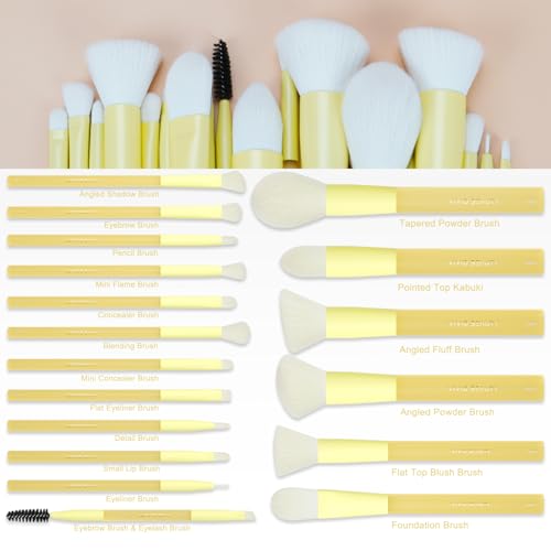 Yellow Make up Brush Set – 18PCS Makeup Brushes for Powder, Foundation, Eyeshadow – With Rubber Coated Handles, Painted Aluminum Ferrules, Travel Bag & 2 Makeup Sponges– For Women & Beginners - color: Yellow