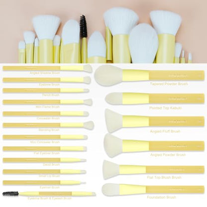 Yellow Make up Brush Set – 18PCS Makeup Brushes for Powder, Foundation, Eyeshadow – With Rubber Coated Handles, Painted Aluminum Ferrules, Travel Bag & 2 Makeup Sponges– For Women & Beginners - color: Yellow