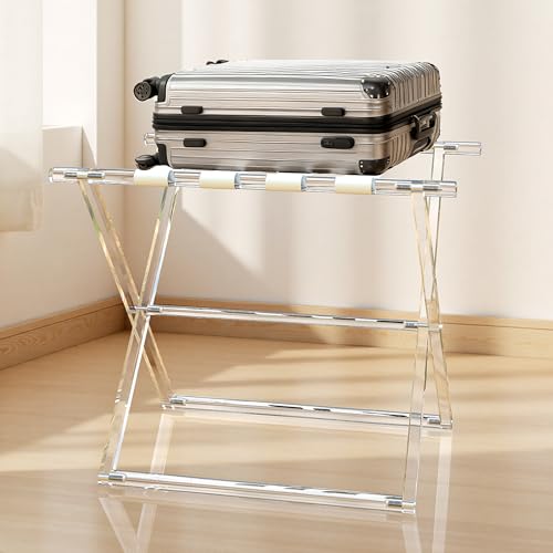 Acrylic Luggage Rack for Guest Room,Folding Luggage Rack with Leather Straps,Holds up to 120 lbs Suitcase Stand for Bedroom, Living Room and Hotel (Beige Leather)