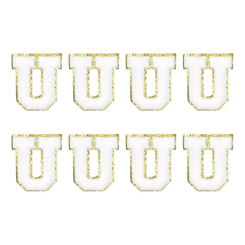 MECCANIXITY Chenille Letter Patches 2.2" Self Adhesive Alphabet U Stick on Embroidered Patch Sew on Letter Stickers Applique for Repairing Clothing Jeans Shoes Hats DIY(White, Pack of 8) - style: Letter U