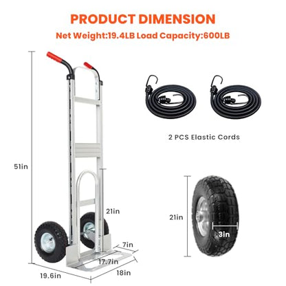 Aluminum Hand Truck Dolly Cart with 10" Pneumatic Tire,Hand Trucks Heavy Duty 600 LBS Capacity,Platform Hand Cart for Transport & Moving in Warehouse, Home, Supermarket(red)