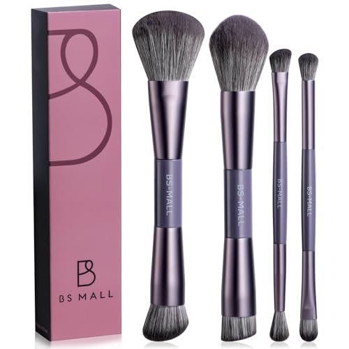 BS-MALL 4 Pcs Portable Double-ended Makeup Brush Set - Luxury Eyeshadow Brush, Concealer Brush, Blush brush & Foundation brush for Lightweight Multi-purpose Daily Use (Purple) - color: Purple