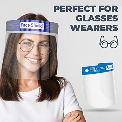 Medical Nation 100 Pack Face Shields | Clear Plastic Face Shield for Women, Men & Kids, Anti-Fog, Lightweight Reusable Full Face Shield Mask, Safety Visor Cover with Comfortable Sponge & Elastic Band - style: Case of 100