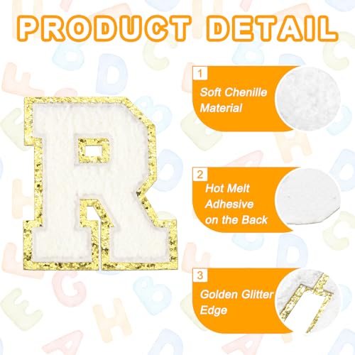 MECCANIXITY Chenille Letter Patches 3.1" Alphabet R Iron on Embroidered Patch Sew on Letter Stickers Applique for Repairing Clothing Jeans Shoes Hats DIY(White, Pack of 4) - style: Letter-R