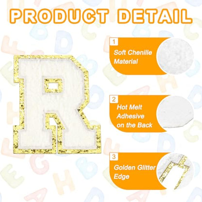 MECCANIXITY Chenille Letter Patches 3.1" Alphabet R Iron on Embroidered Patch Sew on Letter Stickers Applique for Repairing Clothing Jeans Shoes Hats DIY(White, Pack of 4) - style: Letter-R