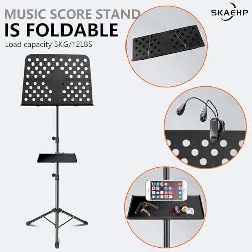 Sheet Music Stand, Metal Portable Music Stand | XL Sheet Music Folder 17" x 14", Carrying Bag, Phone Holder, Light and Clip