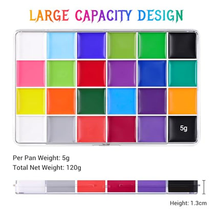 BOBISUKA 24 Colors Water Activated Face Body Paint Palette, Highly Pigmented Washable Face Painting Kit for Halloween Cosplay SFX Festival Party, Body Art Paints for Adults