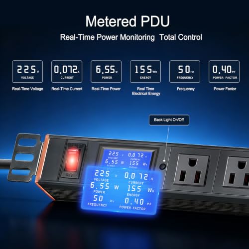 19in 1U Metered PDU Rack Mount Power Strip with Display | Rackmount PDU With 7 Outlets,Digital Meter Shows Real-Time Voltage & Current.15A Overload Protection. 30° Rotating Brackets