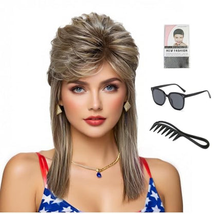 Adequate Women's Mullet Wig 80s 90s Costumes Fancy Party wig Joe Dirt Emo Halloween Cosplay Wigs (light brown) - color: B-Light Brown