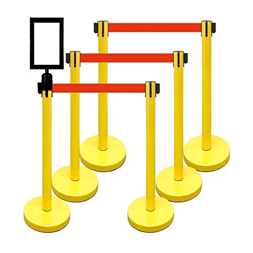 Retractable Stanchion, 6 SPECIALTY Posts + Signframe, 36" Ht, 78" Special Event & Holiday Theme Belt + Bonus Replacement Cassettes + Wall Receiver (YEL Post/Red Belt) - color: Yel Post/Red Belt