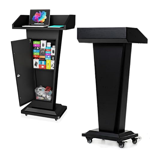 MOOFI Heavy-Duty Black Metal Podium Stand with Lockable Wheels | Mobile Lectern with Storage Cabinet & Standard 50.4" Height | for Conference Rooms, Churches, Classrooms & Events - color: Black