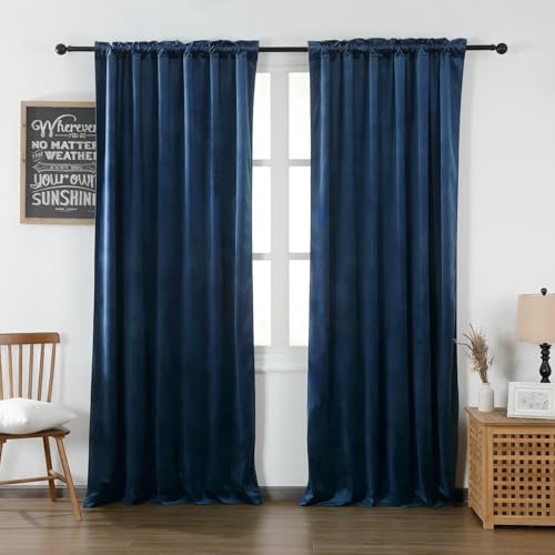 Blue Velvet Curtains Rod Bag Style 52" W x 90" L (Pack of 2) | blackout and heat-insulating, with a soft, luxurious texture, perfect for living rooms and bedrooms. Rod pockets - color: Blue, size: 52"W x 90"L (Pack of 2)