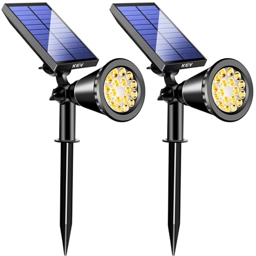 KEV 800 Lumens Solar Spot Lights Outdoor,18 LEDs Solar Flood Lights with 2 Modes &Adjustable &IPX65 Waterproof,Solar Spotlight for Driveway/Backyard/Patio Landscape/Tree/Garage(Warm White,2 Pack) - color: Warm White-2 Pack