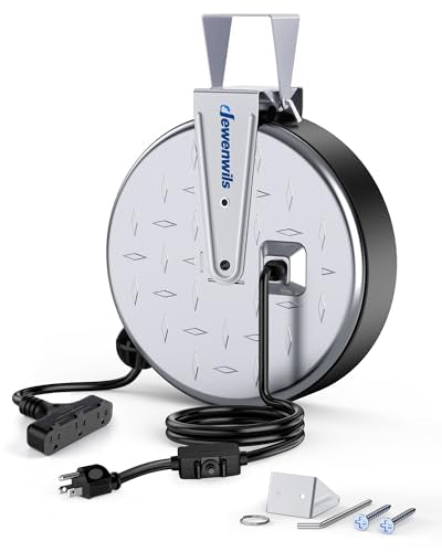 DEWENWILS Retractable Extension Cord Reel, Metal Reel with 30FT Power Cord - color: Silver/Black+logo