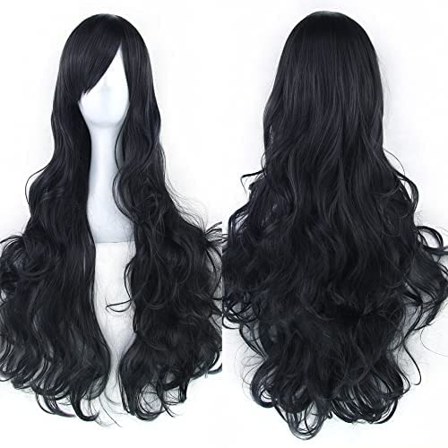 IMISSU 80cm Long Curly Natural Hair Cosplay Wig with Bangs Colorful Halloween Costume Party Wigs for Women (Black) - color: Black