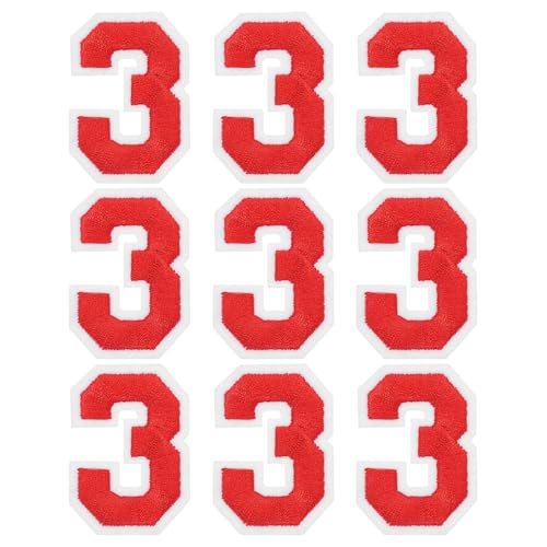 MECCANIXITY Iron on Number Patches 2" Number 3 Iron on Embroidered Patch Sew on Letter Stickers Applique for Repairing Clothing Jeans Shoes Hats DIY(Red, Pack of 9) - style: Number 3
