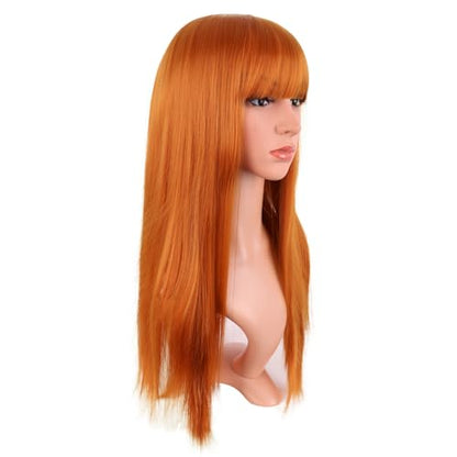 MapofBeauty 24 Inch Long Straight Flat Bangs Party Cosplay Wig,Light Orange | 60 cm Synthetic Hair Wig, Heat Resistant, Women - color: Light Orange