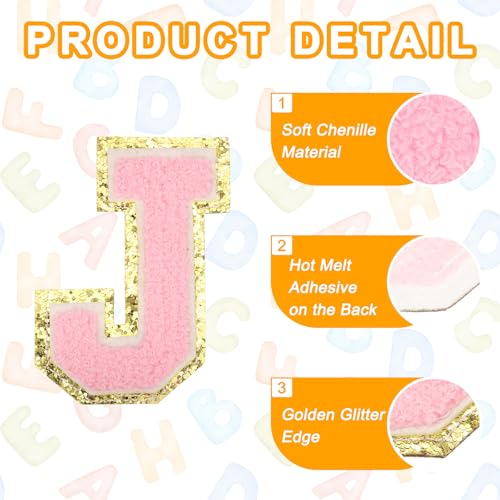 MECCANIXITY Chenille Letter Patches 3.1" Alphabet J Iron on Embroidered Patch Sew on Letter Stickers Applique for Repairing Clothing Jeans Shoes Hats DIY(Pink, Pack of 6) - style: Letter-J