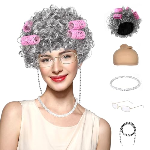 MAQIHAN Old Lady Wig Costume Set - Gray Granny Wig with Rollers Glasses | Funny Grandma Cosplay Accessories with Pearl Necklace for Women, Halloween 100th Day of School Party Theater Dress Up - color: Light Grey