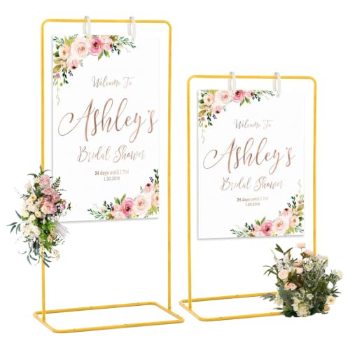 Adjustable Wedding Sign Stand with 2pcs Leather Hanging Straps | Ideal as a Welcome Wedding Sign Holder for Weddings, Baby Showers, Graduation Ceremonies and Other Special Party Occasions. - color: Gold-2PCS