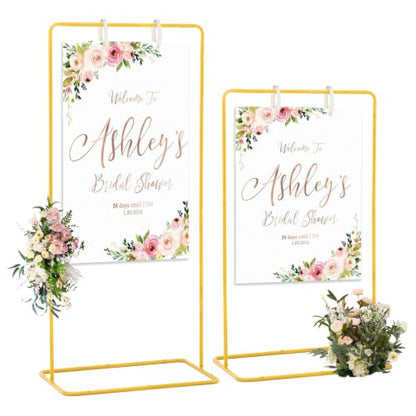 Adjustable Wedding Sign Stand with 2pcs Leather Hanging Straps | Ideal as a Welcome Wedding Sign Holder for Weddings, Baby Showers, Graduation Ceremonies and Other Special Party Occasions. - color: Gold-2PCS